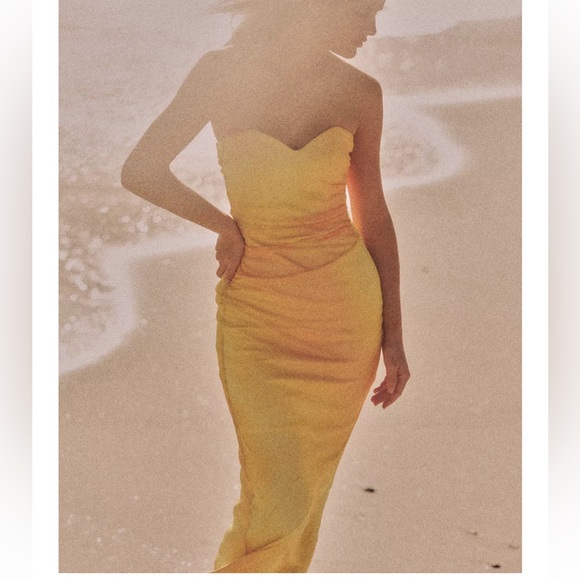 Zara NWT yellow orange tie dye printed tulle midi draped ruched sweetheart dress - Picture 4 of 16